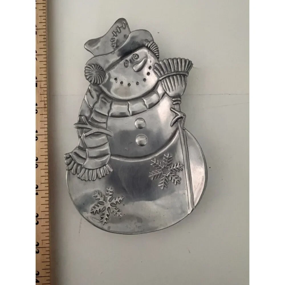 vtg. 1999 pewter-finish metal snowman candy dish